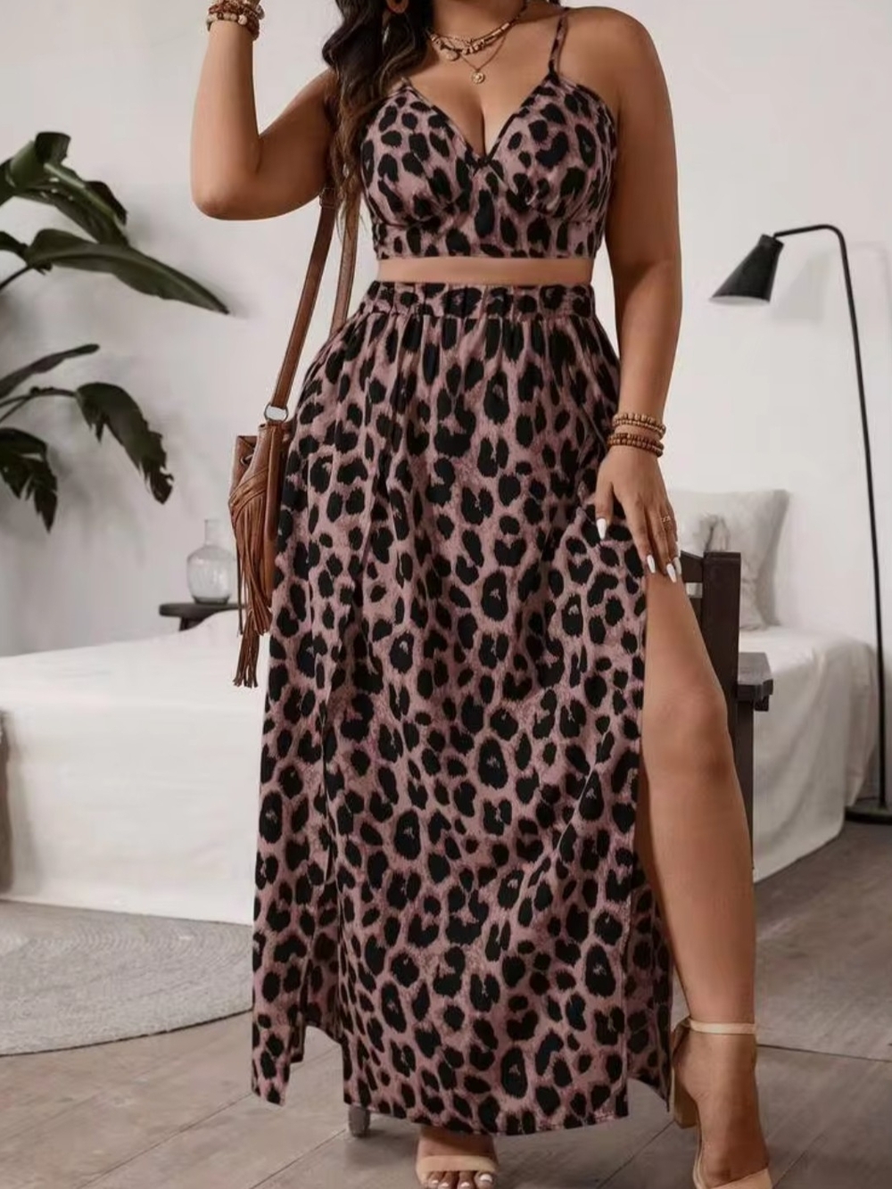 2-piece set Maxi Skirt and Pink Brown Leopard Print Top SHEIN with High Slit